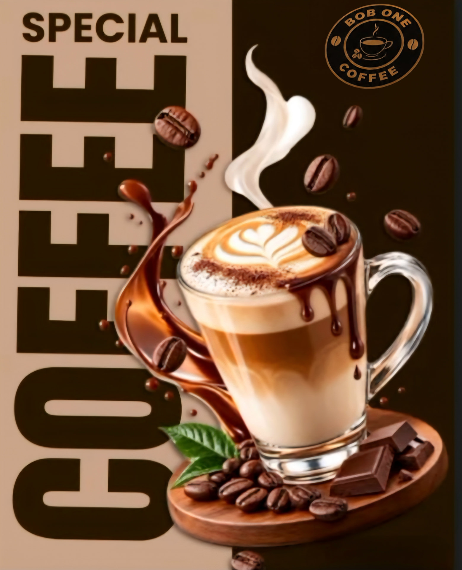 Bob One Coffee special — a caramel macchiato with latte art, chocolate drizzle and floating coffee beans